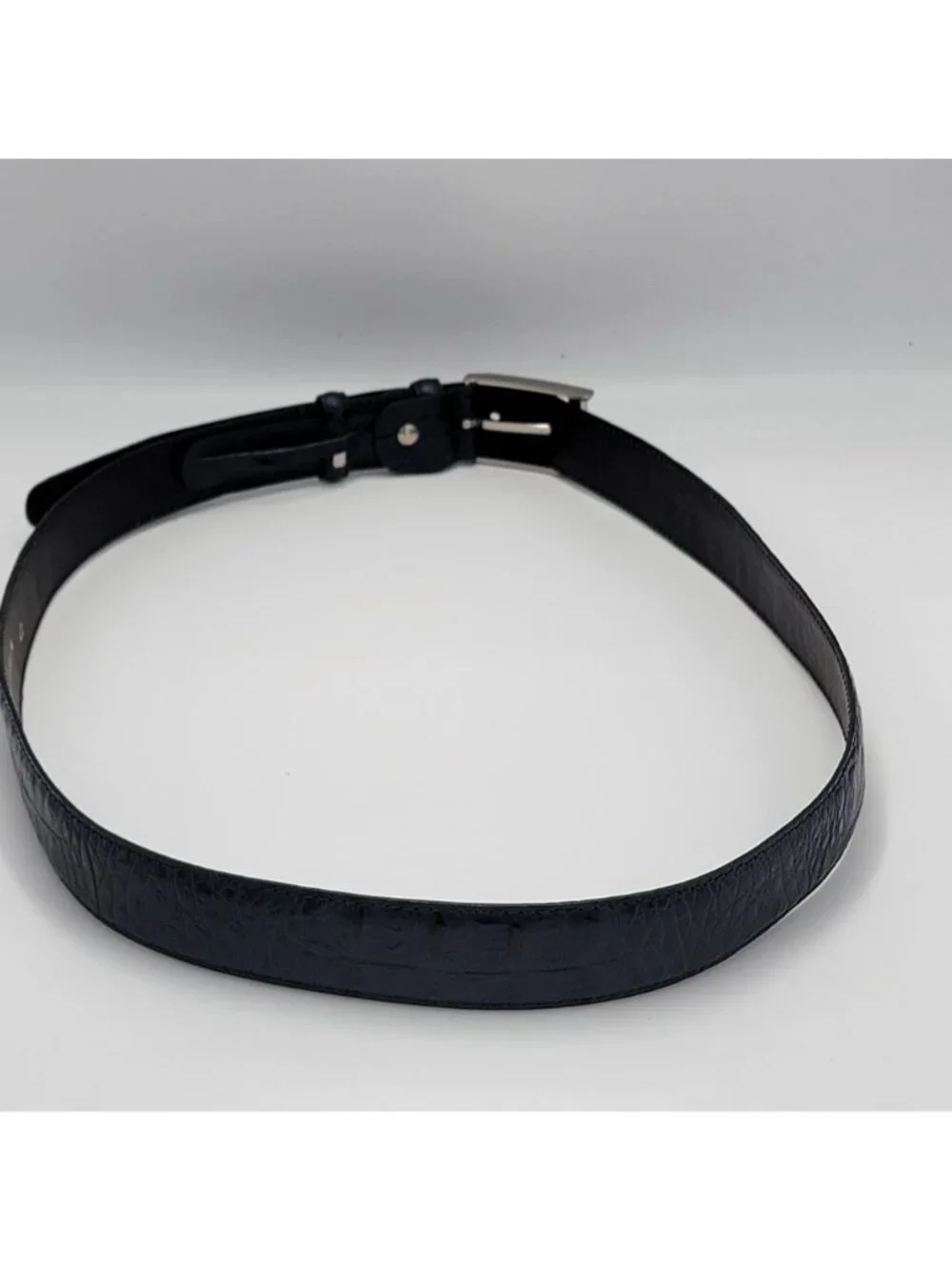 Vtg Giorgio Brutini Genuine Navy Blue Leather Belt With Embossed Texture & Silve